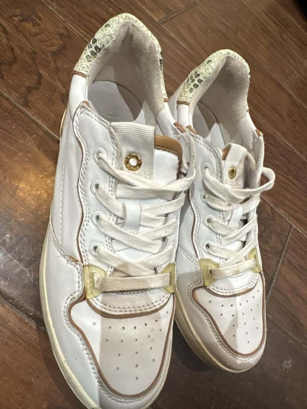 Veronica Beard Toma Mixed Leather Low Top Sneakers with Snake Print Heel